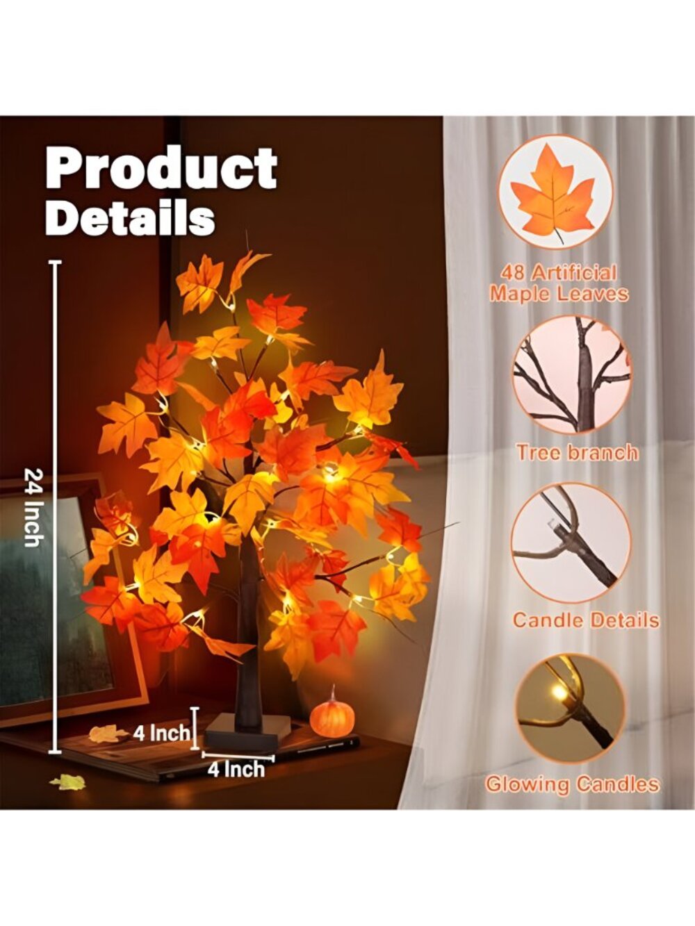 1 Pack 24 Inch Fall Maple Tree with 48LED Battery Operated Lighted Tabletop - Picture 3 of 7